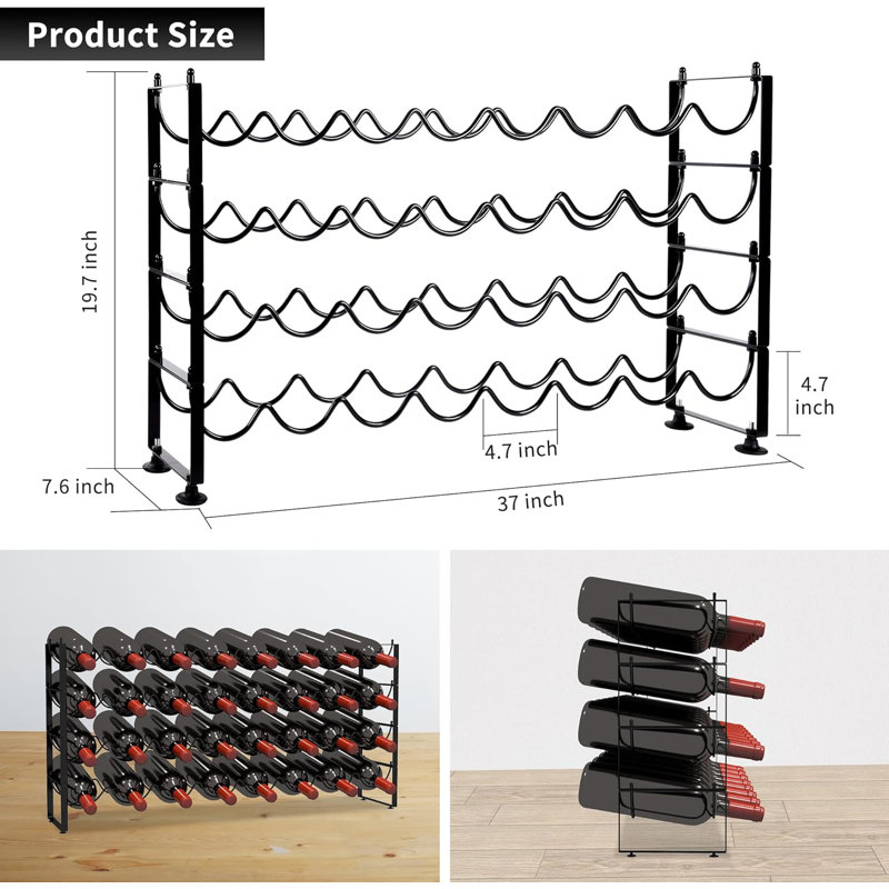 Support à vin à 4 niveaux, rangement pour 32 bouteilles, support à vin empilable pour garde-manger (noir foncé)