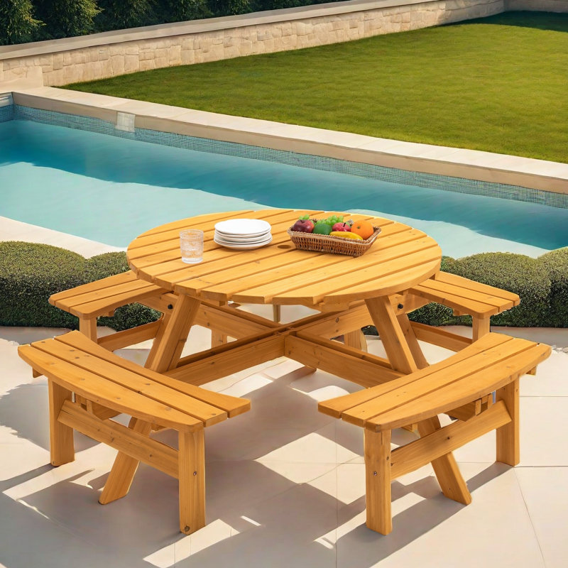 8-Person Wooden Picnic Table With 4 Built-In Benches, Yellow