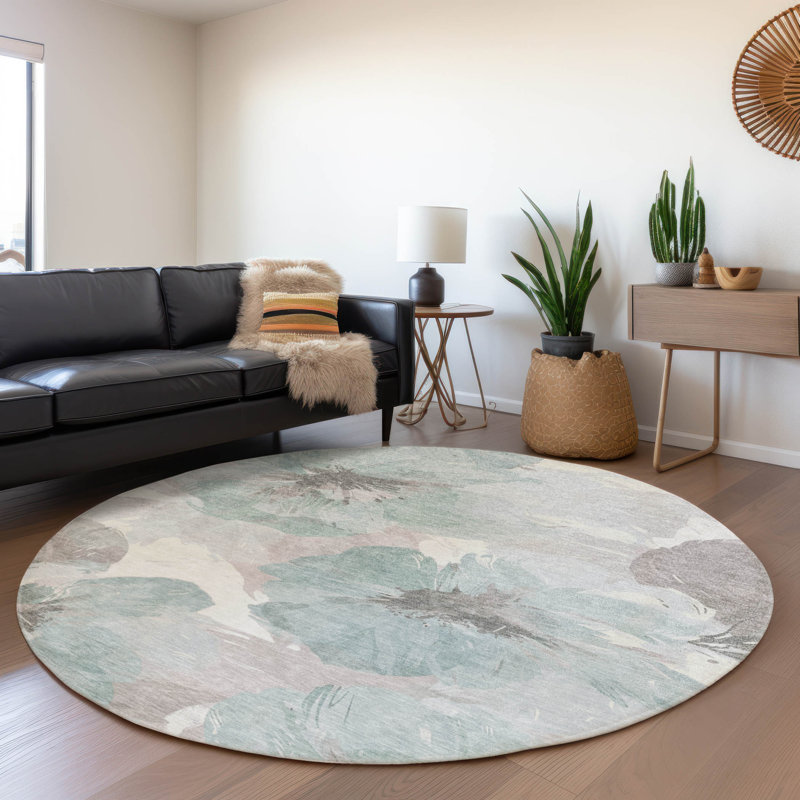Machine Washable Indoor/Outdoor Claudian ACN1557 Seafoam Rug, Round 8'
