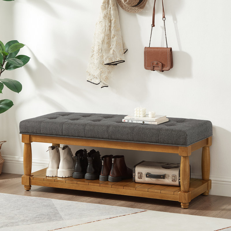 Banc de repose-pieds capitonné en granit et lin avec tablette de rangement inférieure, pieds en bois massif pour une utilisation multi-scène