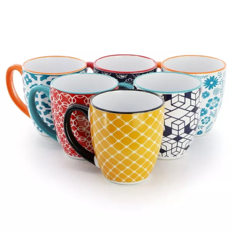 Ensemble de 6 tasses en grès, 6 tasses à café, couleurs assorties, grandes tasses à thé, va au micro-ondes et au lave-vaisselle