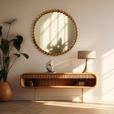 Miroir mural décoratif décoratif rond avec cadre en perles de bois naturel, 32 po