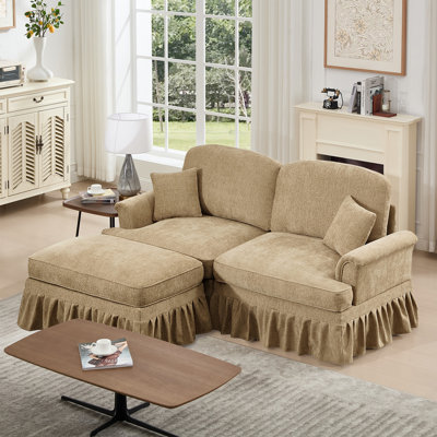 Elegant Mid Century Large Two Seater Modular L Shaped Sofa Couch With Flared Arms, Removable Ruffles, And Spindle Legs, Comfy Chenille Loveseat With Movable Ottoman, Light Coffee