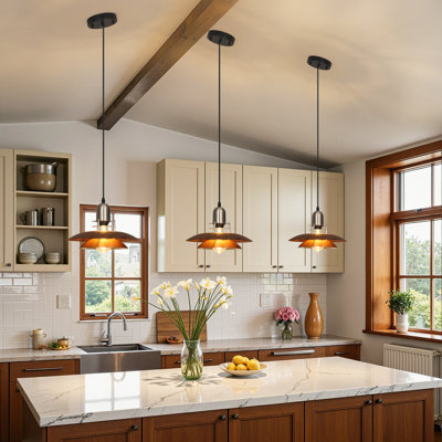 1-Light Pendant Lights (Set of 3), Wood Grain & Black Metal Kitchen Island Pendant Lights, Adjustable Hanging Lights for Dining Room & Kitchen