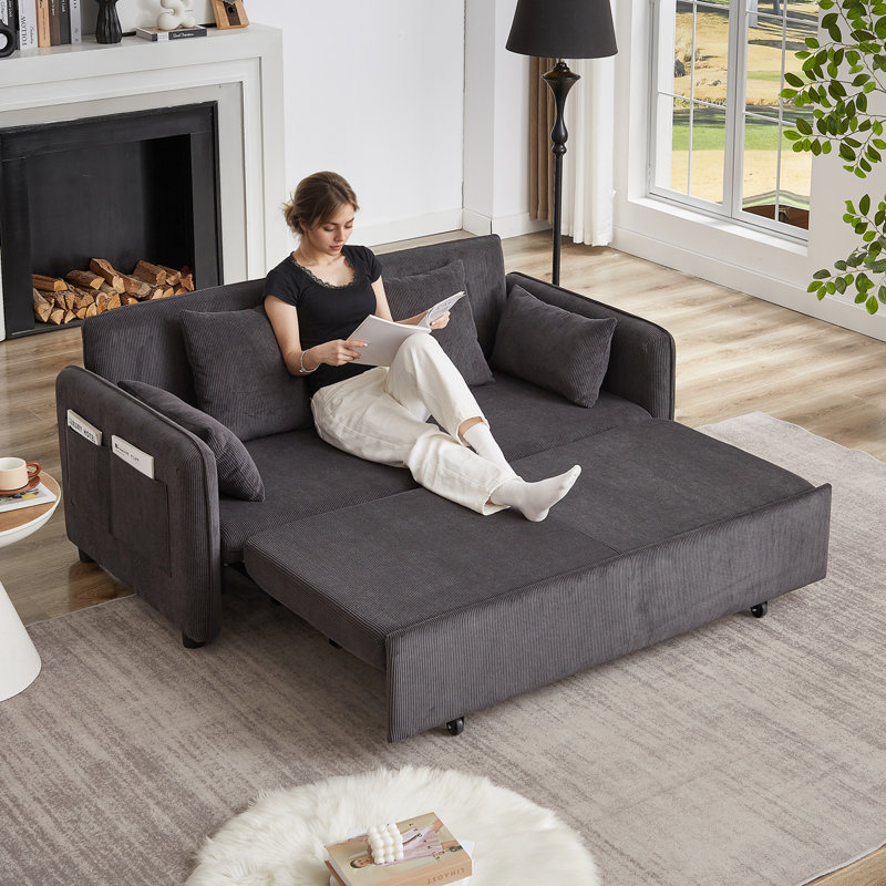 Modern Sofa Bed 3-In-1 Adjustable Sleeper With Pullout Bed Soft Corduroy Convertible Sleeper Sofa Bed, Dark Gray