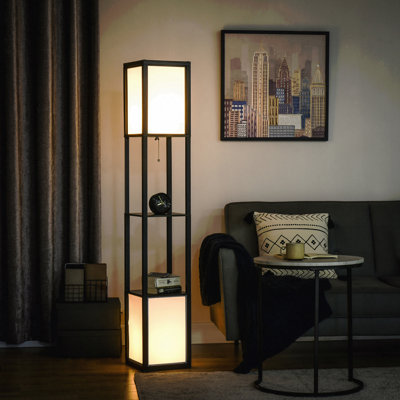 Homcom Modern Floor Lamp With Shelves & Dual Ambient Lighting, Tall Standing Lamp For Living Room, Bedroom With Fabric Lampshade , Black