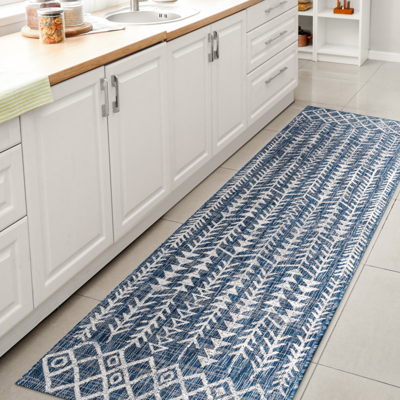 Tapis intérieur / extérieur bleu / ivoire Wiese, Tapis de couloir 2 pi 2 po x 10 pi