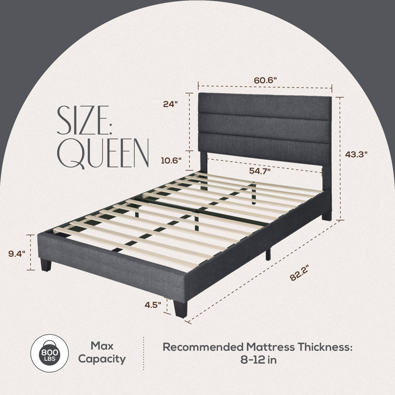Upholstered Platform Bed, No Box Spring Needed, Dark Grey, Queen