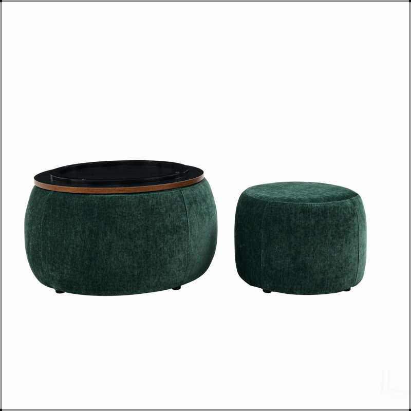 Round Storage Ottoman, 2 in 1 Function, Work as End table and Ottoman,with small seat,(25"x25"x14.7"), Green