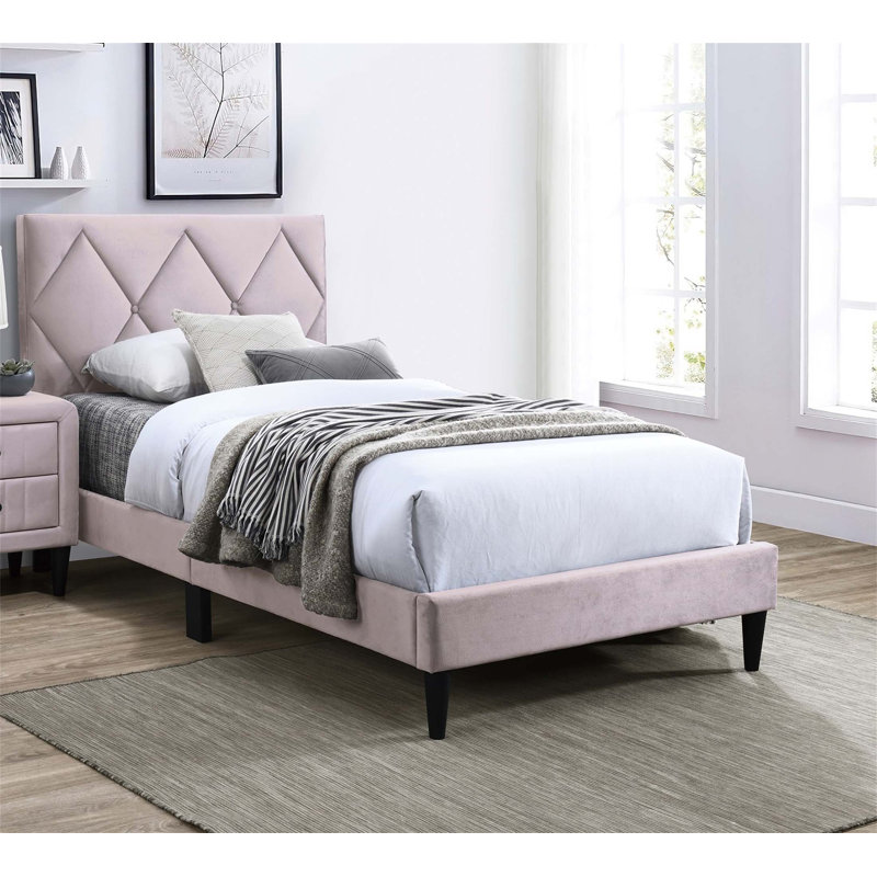 Lit tapissier réglable en velours rose clair, parfait pour les chambres de jeunes et les décors modernes., Lit double