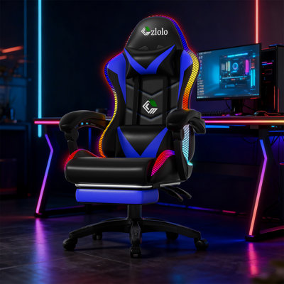 RGB LED Lights Gaming Chair with Footrest and Lumbar Massager for Adults and Kids