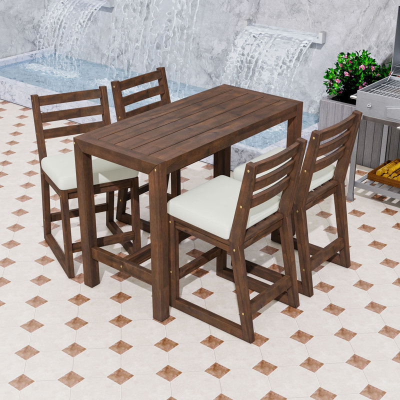5-Piece Rustic Acacia Wood Patio Bar Set with Slatted High Table and 4 Ergonomic Cushioned Chairs, Mocha