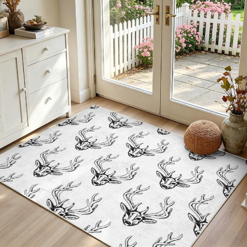 Tapis d'intérieur blanc lavable à la machine, avec motif de tête de cerf et de bois., Rectangle 55 po x 79 po