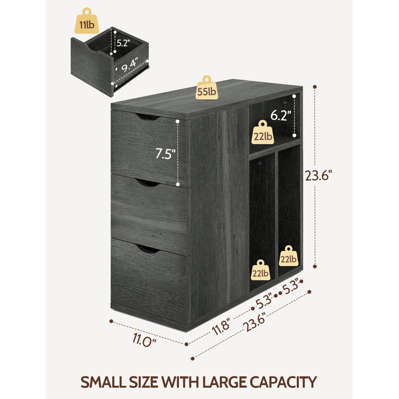 Narrow End Table With 3 Drawers And Storage Shelves For Living Room, Black