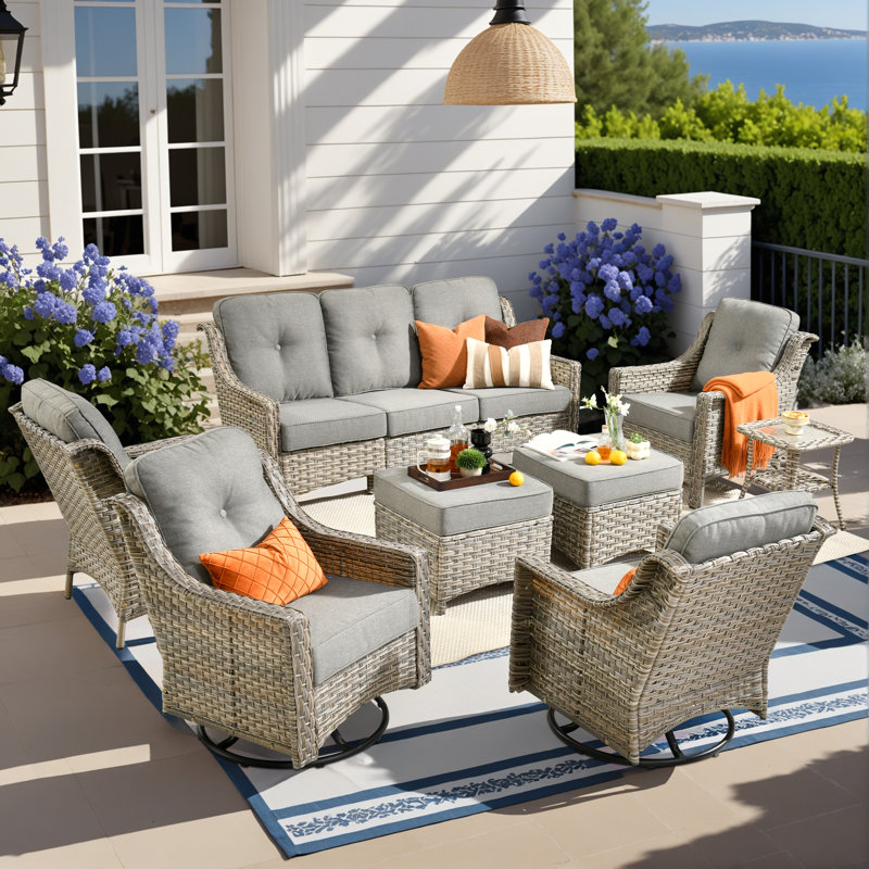 Sturgill 7-Person Outdoor Wicker Patio Furniture Set with Swivel Rocker Chairs&Cushions, All-Weather Rattan Sofa Set for Backyard, Porch & Garden