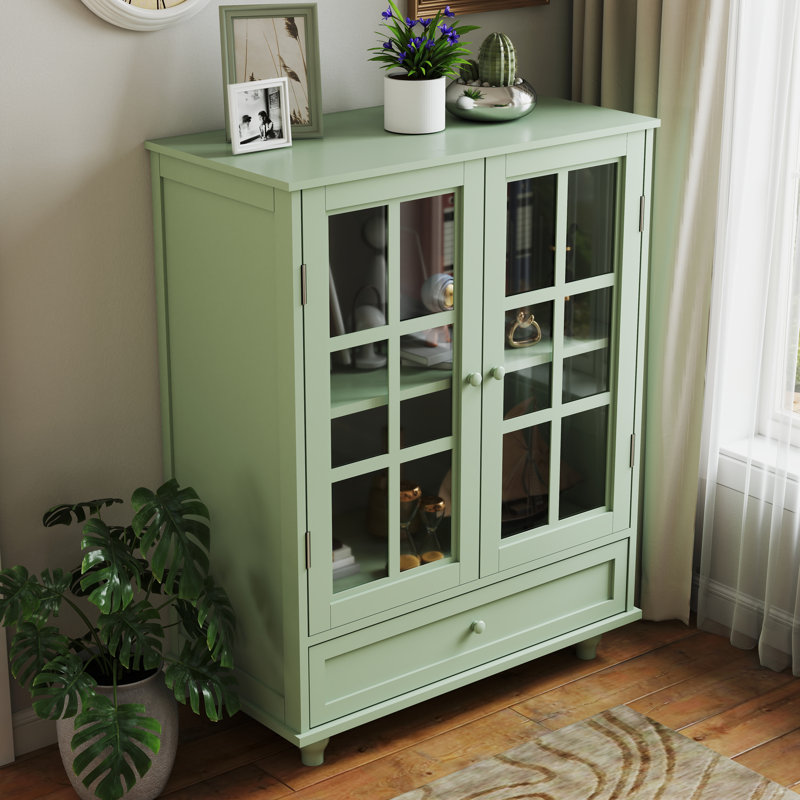 Vitrine vintage vert menthe, buffet en panneau de fibres à densité moyenne avec portes en verre trempé et pieds en bois massif, buffet à tablette réglable pour le salon de la cuisine