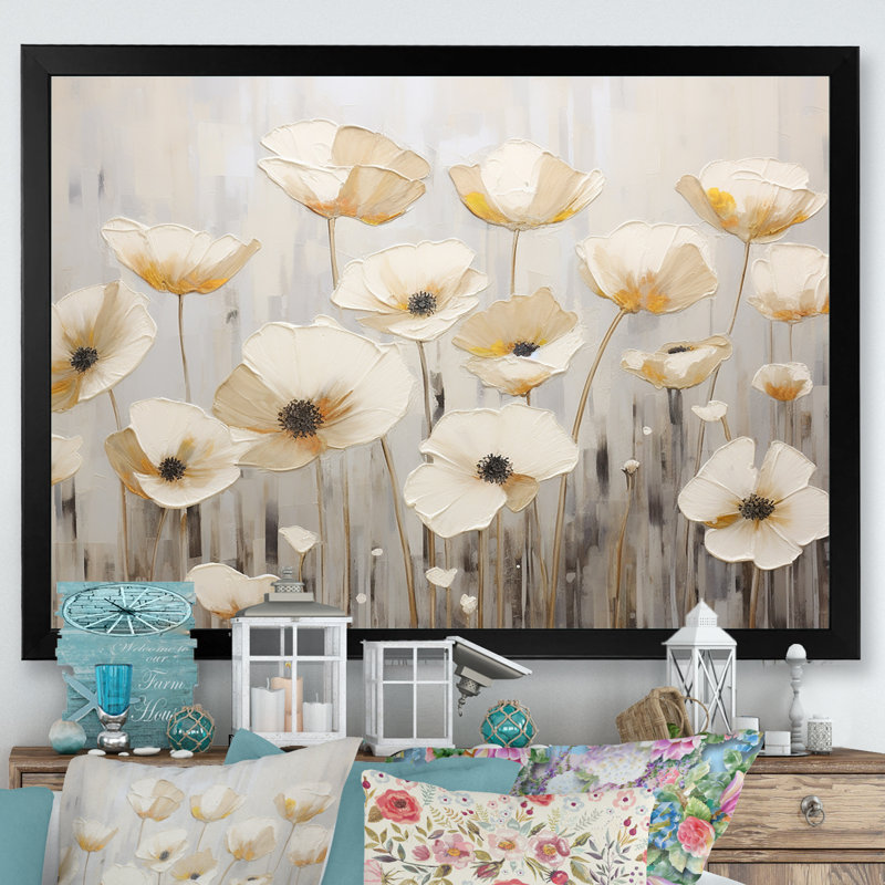 Buttercups Fields On Gray sur toile, H 34 po x l 44 po x P 1,5 po, Cadre simple noir