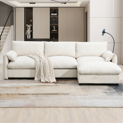 Canapé modulaire en L avec repose-pieds et poches de rangement, support de téléphone réglable, chargeur USB, accoudoirs éléphants en forme d'oreille, siège confortable pour le salon et appartement, chenille