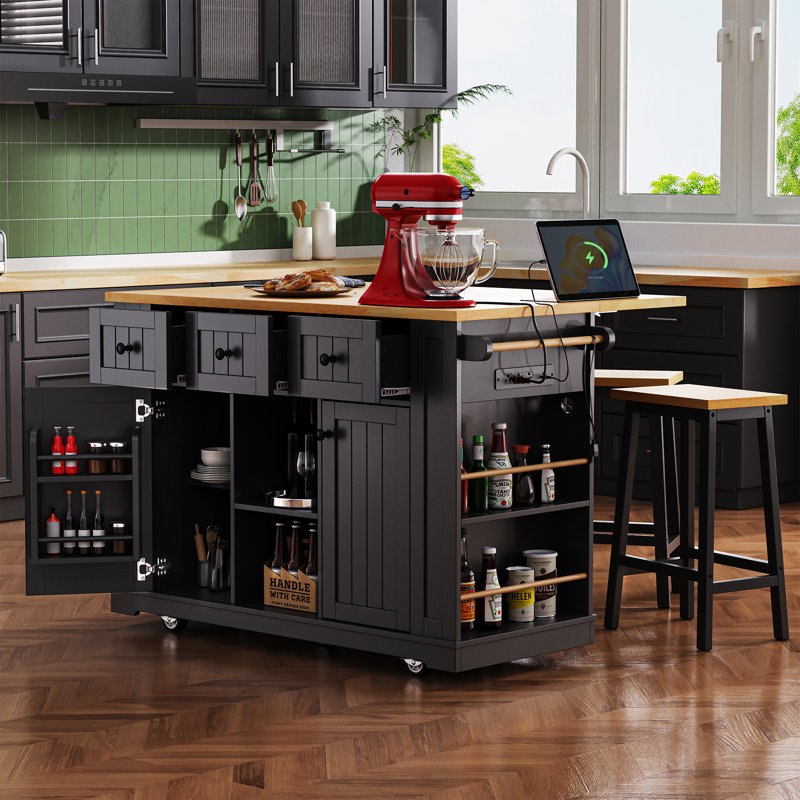 53" Large Kitchen Island With 2 Bar Stools, Storage Cart On Wheels, Drop Leaf, Power Outlets, 3 Drawers & Side Racks,Black