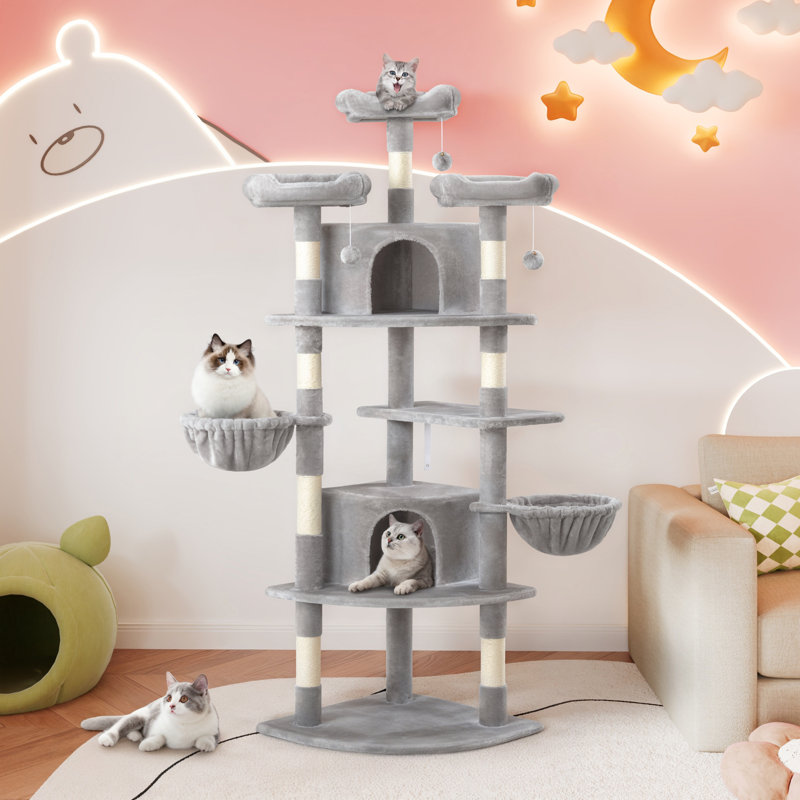 74'' H Carpet Cat Tree Condos and Platforms Included, with Scratching Posts and Basket, Grey
