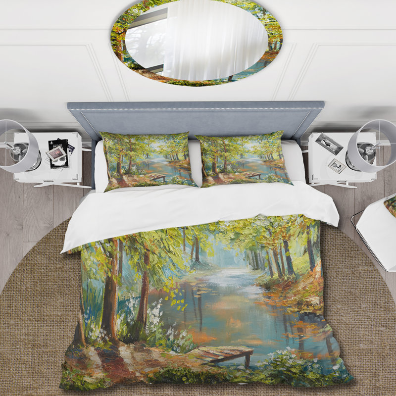 Ensemble de housse de couette Autumn Forest With Meandering River - Lake House - Microfibre de polyester