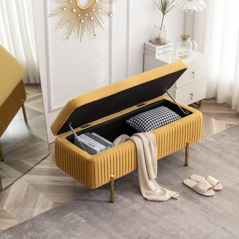 Banc de rangement rembourré en velours Miajah, Jaune moutarde