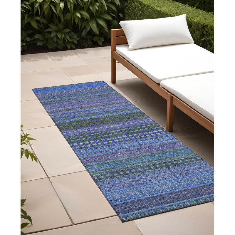 2' X 8' Blue and Green Striped Washable Indoor Outdoor Runner Rug