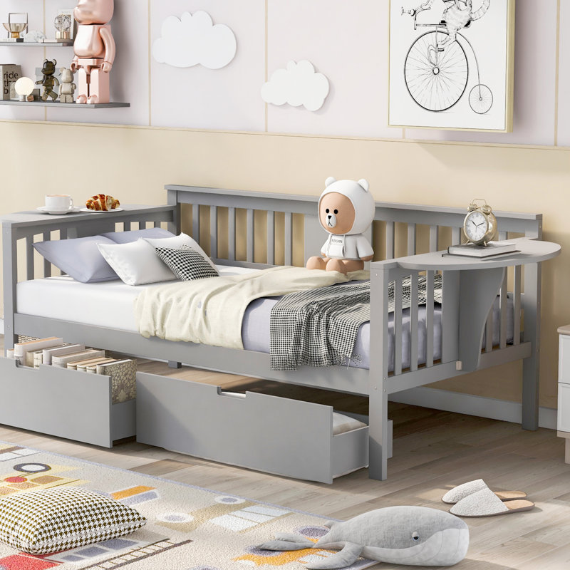 Lit de jour avec deux tiroirs, support en lattes de bois (lit de jour), Gris, Lit simple