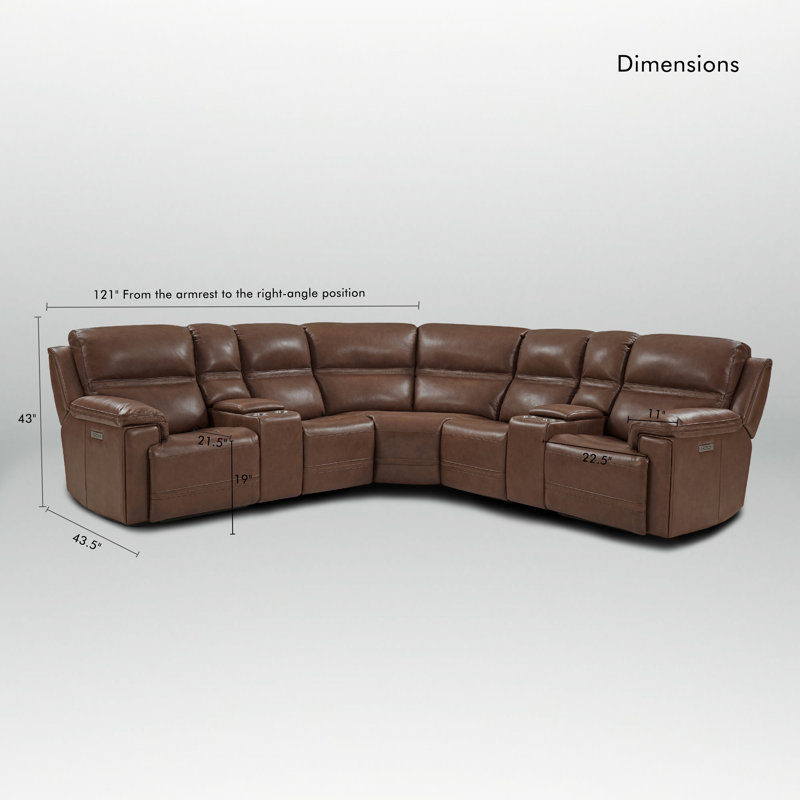 121" Leather Reclining Wide Seat Sectional, 2 Power Recliners, Adjustable Headrest, Zero Gravity & 2 Consoles, Power-Dial