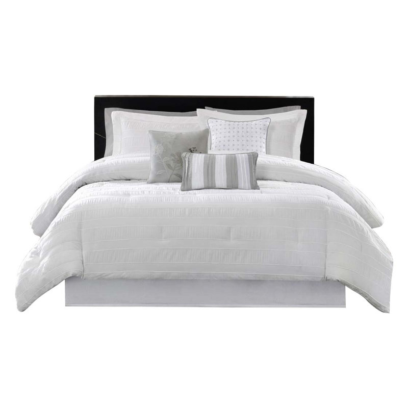 Doyle Modern 7-Piece Wrinkle-Texture Stripe Comforter Set, Queen Comforter + 6 Additional Pieces, White