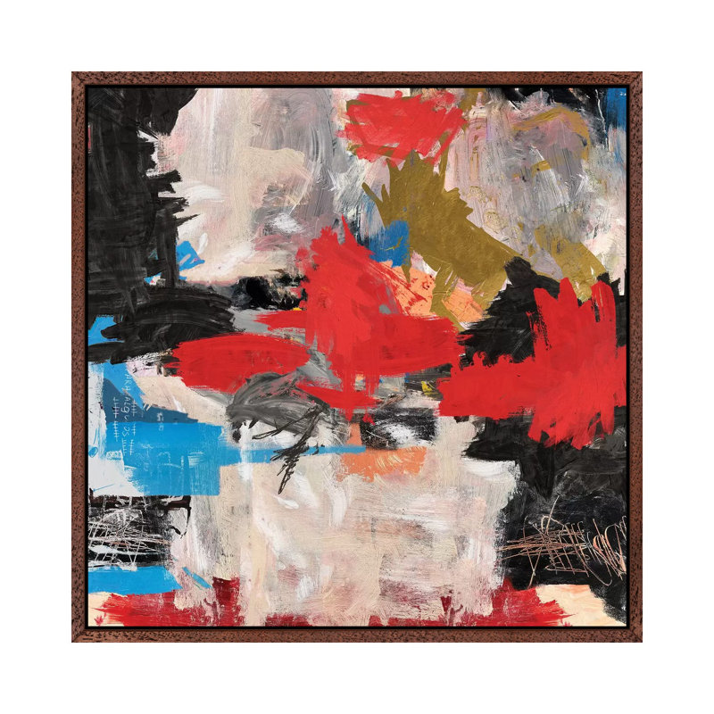 Abstract Expressionism 1 Piece Painting on Canvas, 93.98cm H x 93.98cm W x 3.81cm D, Classic Brown Wood Framed