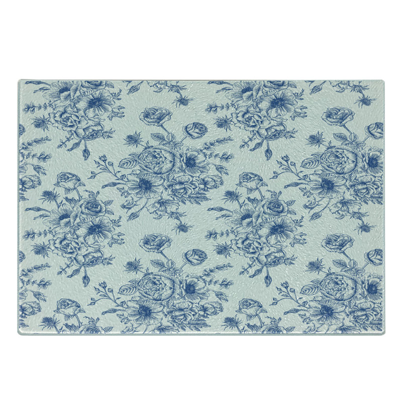 Ambesonne Anemone Flower Tempered Glass Cutting Board Blue Floral Corsage Night Blue White
