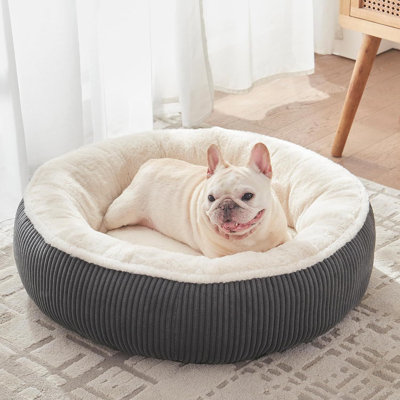 Lit rond apaisant en forme de beigne pour animaux de compagnie, nid douillet à rebord surélevé gris et blanc pour chiens et chats, coussin doux et chaud, base antidérapante pour animaux de compagnie d'intérieur