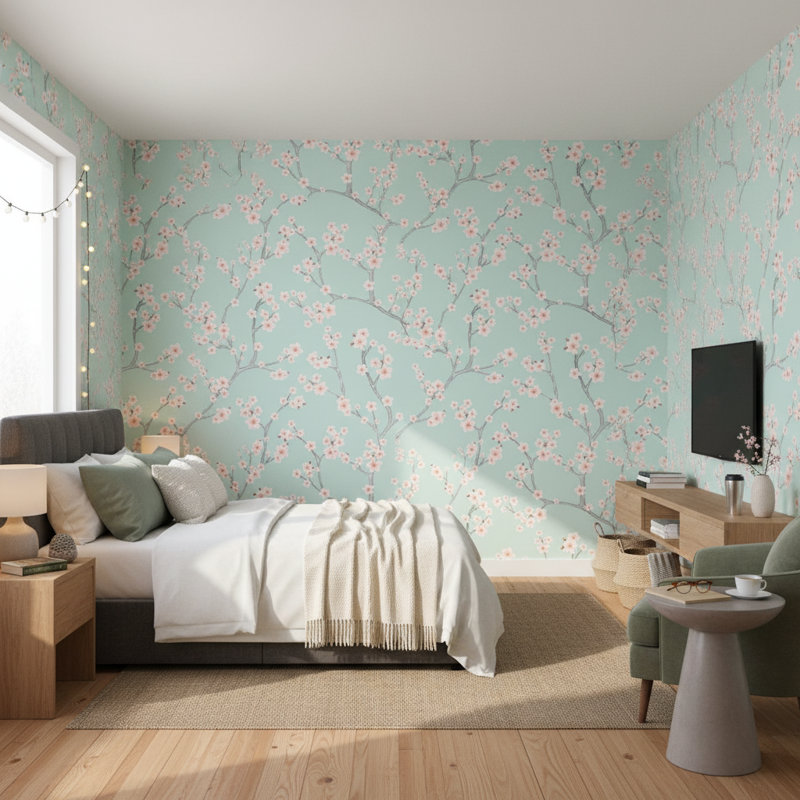 Papier peint branches de cerisier rose