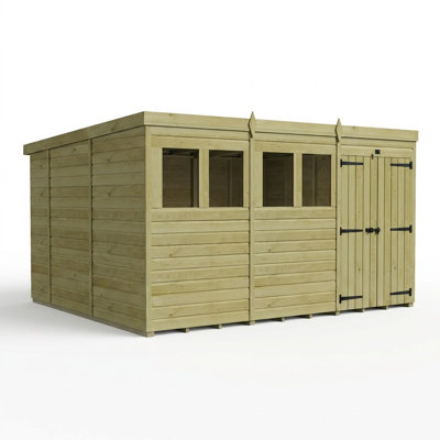 Total Sheds 12ft x 10ft Pent Garden Shed - Double Door - With Windows - Pressure Treated Timber - UK Manufactured