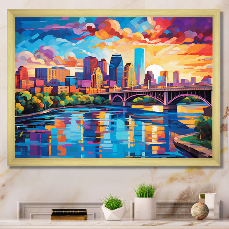 «Colorful City Minneapolis Popart I», reproduction d'art sur toile, Cadre photo noir, H 34 po x l 44 po x P 1,5 po