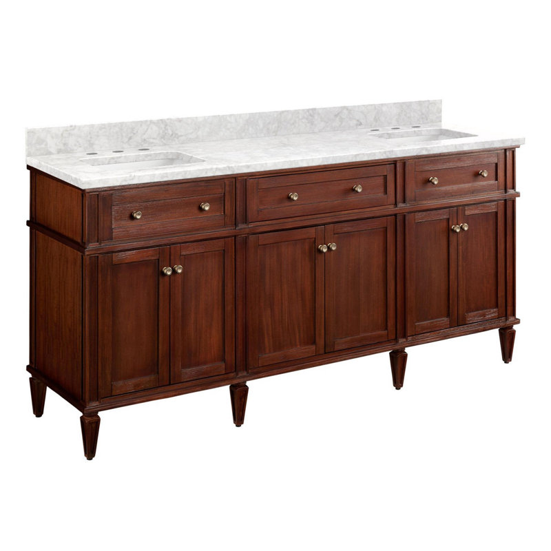 Elmdale 72" Freestanding Mahogany Double Basin Vanity  Rectangular Undermount Sink - 8" Faucet Holes, Carrara Marble