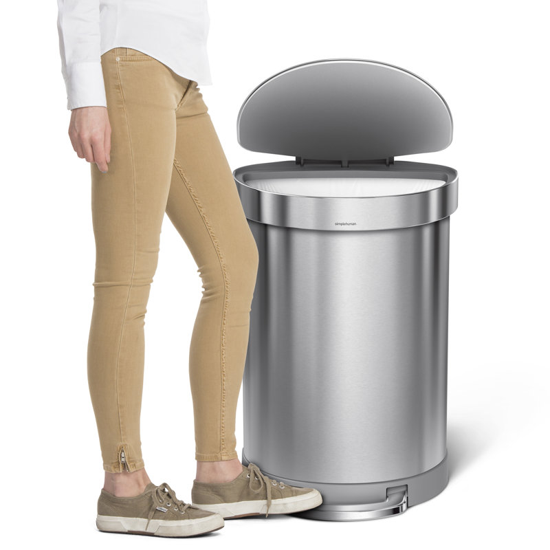 Brushed Stainless Steel Semi-Round Pedal Trash Can with Silent Close Lid