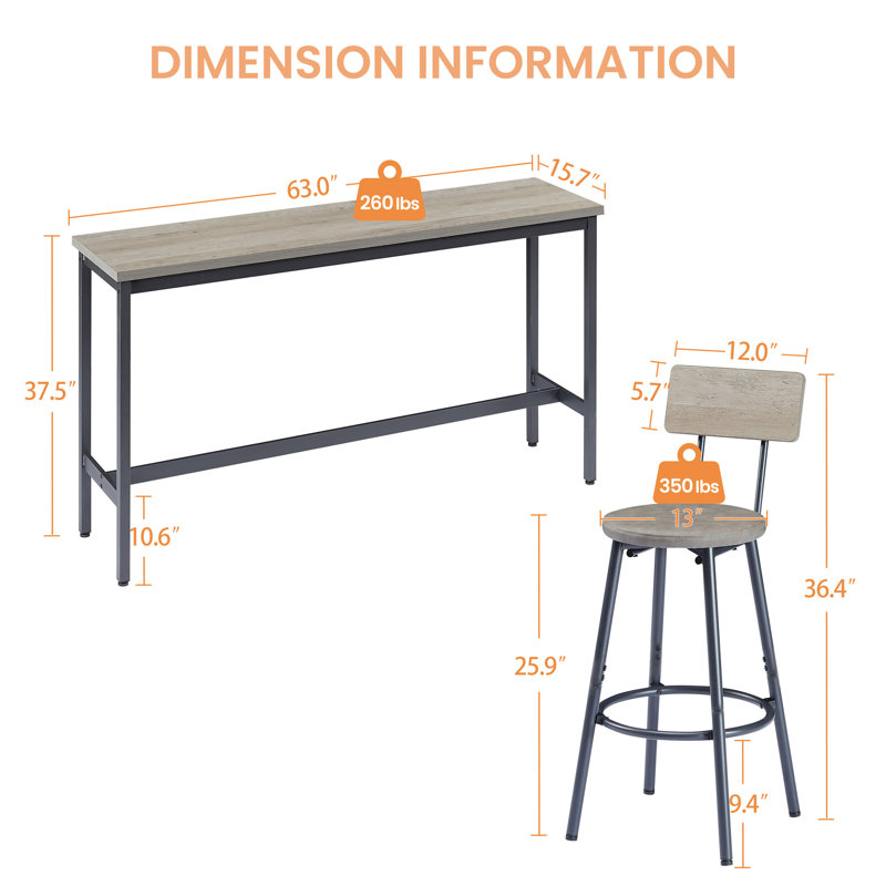 Bar Table Set 63.0"L x 15.7"W x 37.5"H Particle Board Gray Height Adjustable