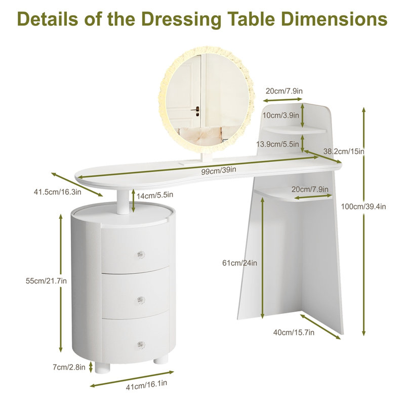 Dressing Table with 3-Color LED Round Mirror