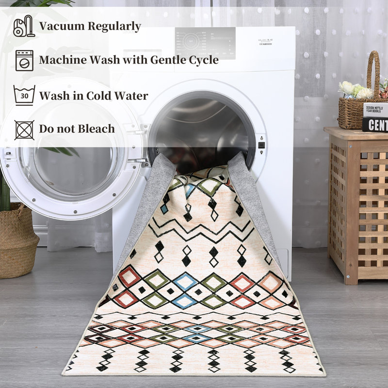 Tapis à motif de treillis lavable avec tapis antidérapant rétro 5 x 7, Beige, Rectangle 5 pi x 7 pi