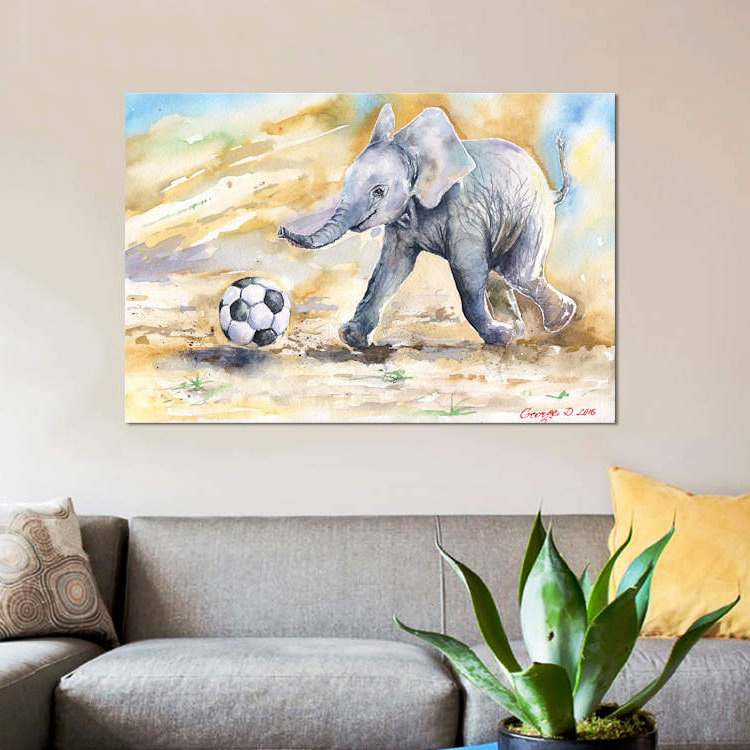 «Elephant Calf and Ball», reproduction sur toile, H 8 po x l 12 po x P 0,75 po, Toile tendue, Pas de tapis