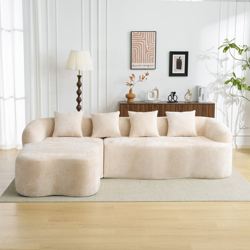 Chenille L-Shape Sectionals Sofa With 4 Pillows And Soft Seat, Beige Chenille