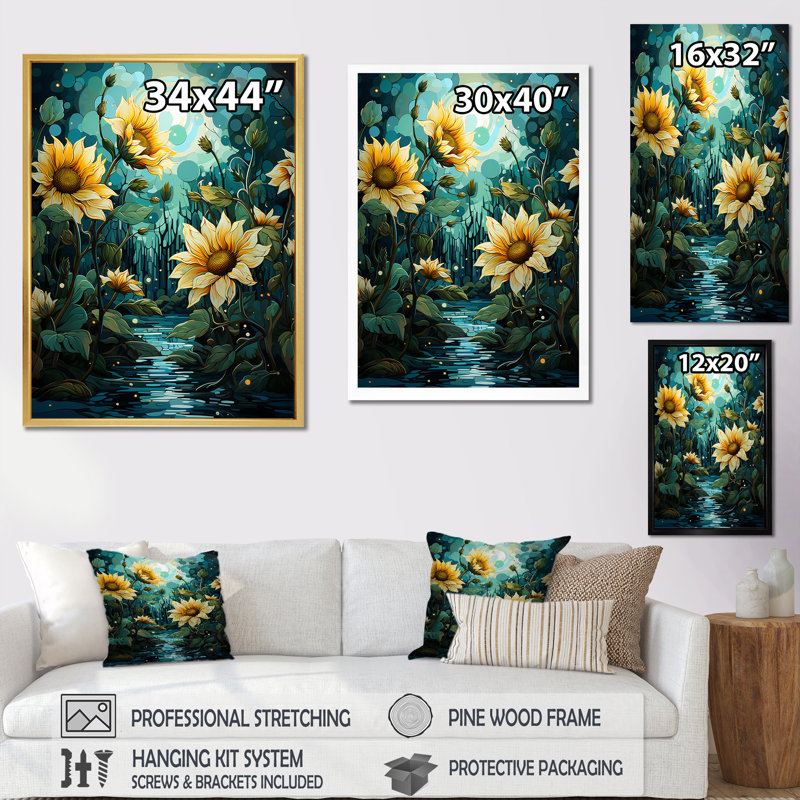 Tournesols méticuleusement sur toile, Cadre flottant doré, H 44 po x l 34 po x P 1,5 po