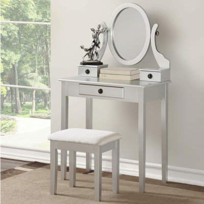 Wood Moniya Makeup Vanity Table And Stool Set, Silver