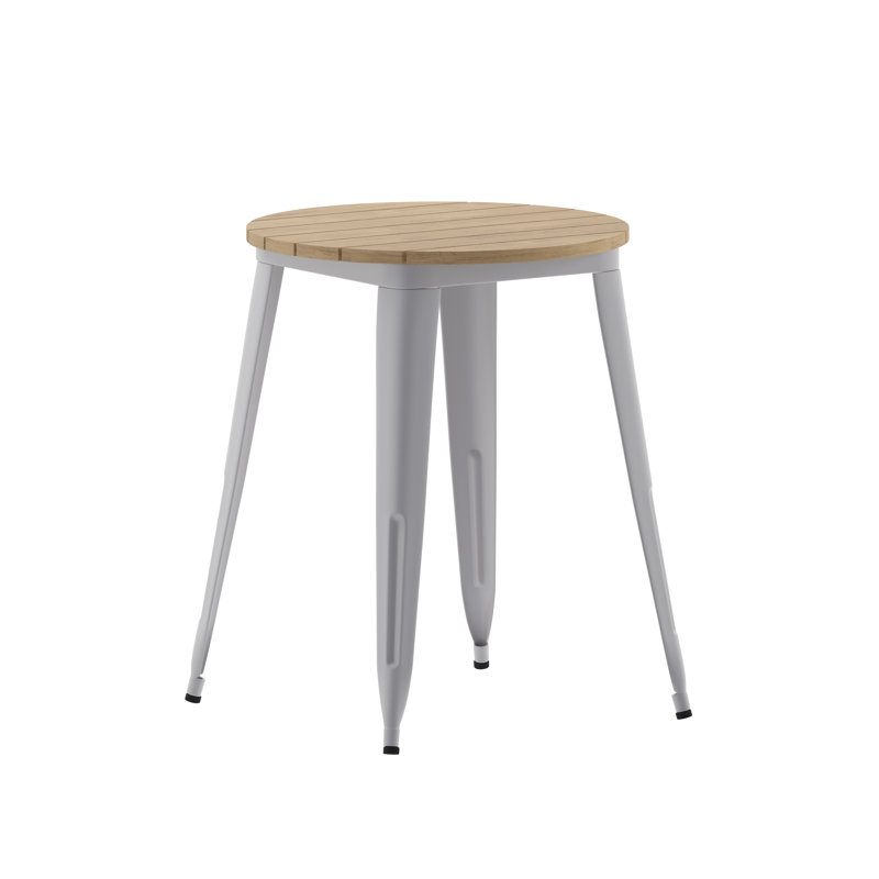 Graciana Round Commercial Indoor/Outdoor Poly Resin Restaurant Table with Steel Frame, Brown Top/Silver Base
