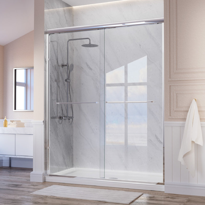 55" - 59'' W x 72'' H Double Sliding Door Semi-Frameless Shower Door With Two Towel Bars, Clear, Chrome