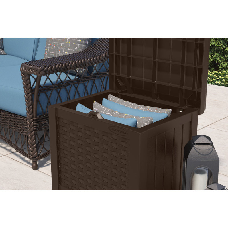 Suncast Wicker 22 Gallon Water Resistant Resin Deck Box with Storage Seat in Java