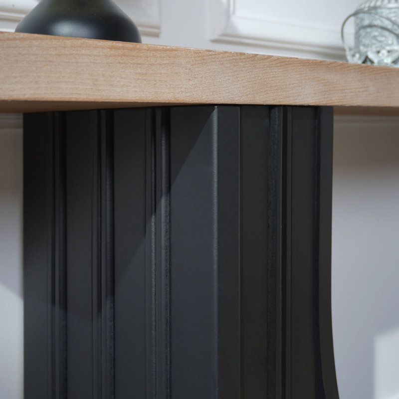 Console moderne minimaliste avec base en arche noire et plateau en bois naturel, console de 66 po de longueur, table en bois
