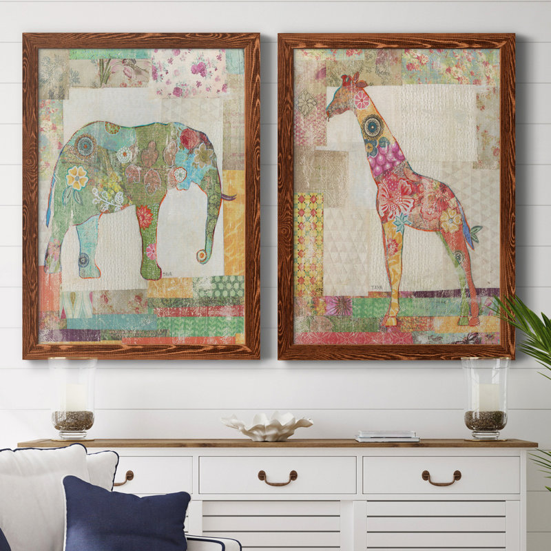 «Elephant Montage», ensemble de 2 impressions, Pas de tapis, H 31,5 po x l 47 po x P 1,5 po, Toile avec cadre érable